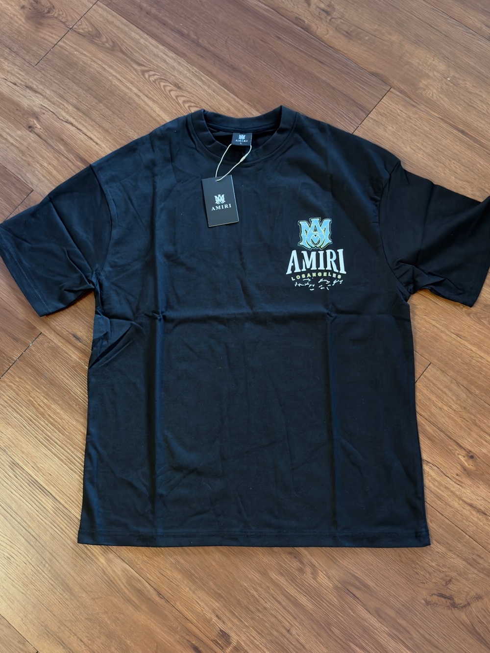 AMIRI Black Short-Sleeve Logo Tee with Light Blue Accent